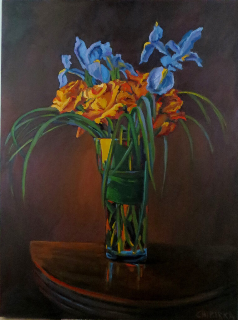 Flowers in Vase Blue Iris — oil painting by Marylou Chibirka