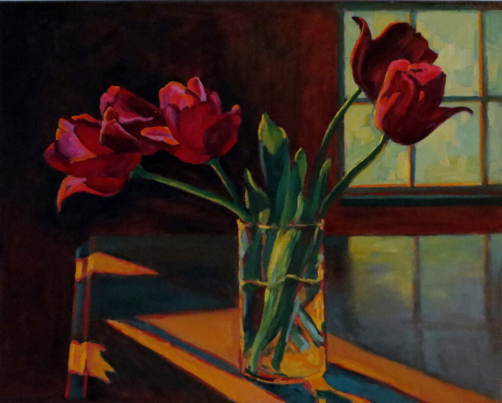 Flowers in vase by window — oil painting by Marylou Chibirka