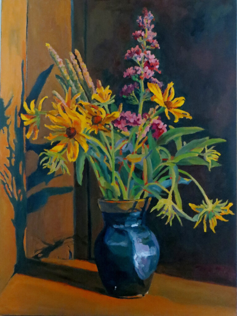 Flowers in Vase Sunflowers in blue vase — oil painting by Marylou Chibirka