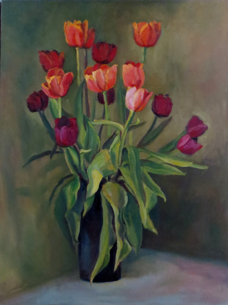 Flowes in Vase Red Tulips — oil painting by Marylou Chibirka