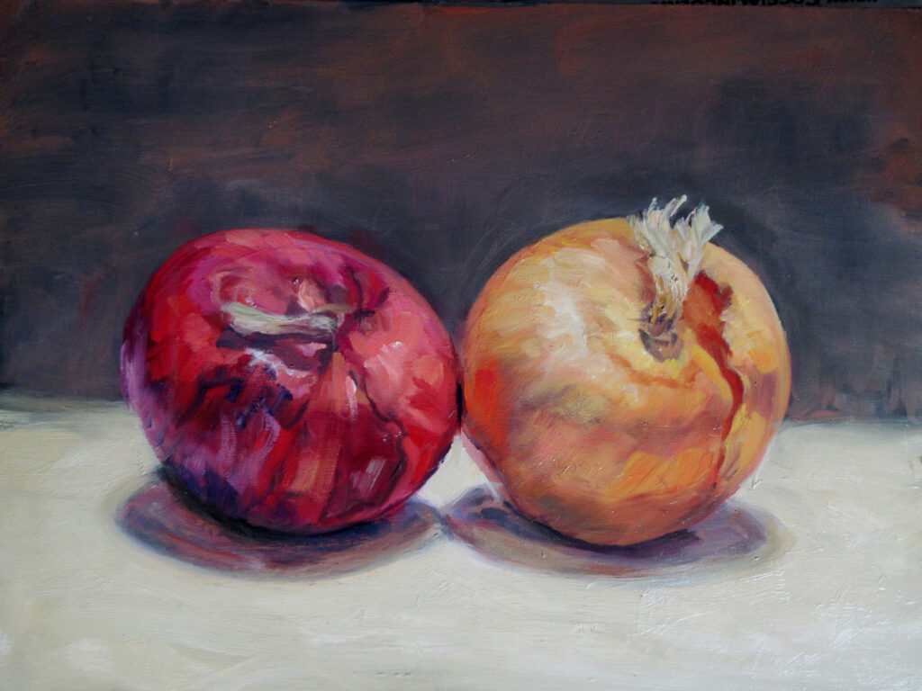 Red and Yellow onions — oil painting by Marylou Chibirka