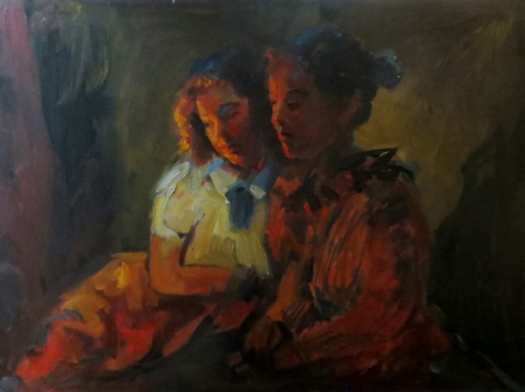 Sisters Reading — oil painting by Marylou Chibirka