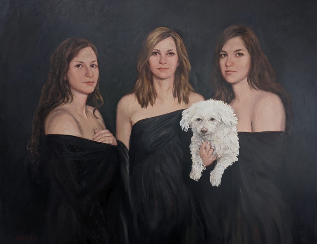 Three Sisters — group portrait in oil on linen